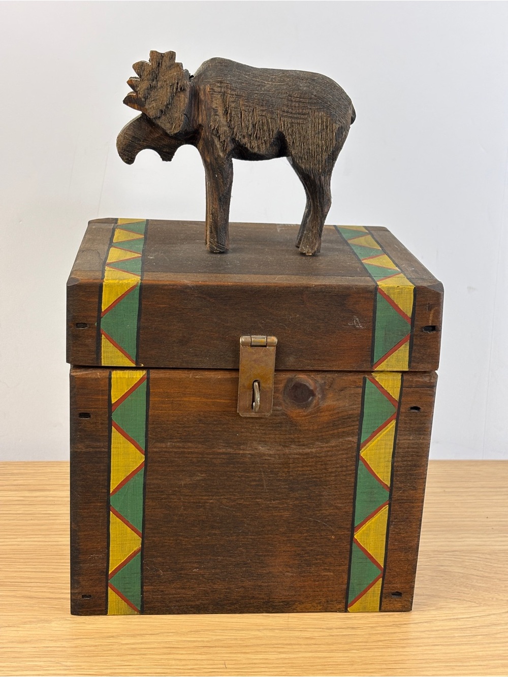 1993 Lloyd-Mann Wooden Moose Top Trinket Box‎ with Painted Geometric Trim